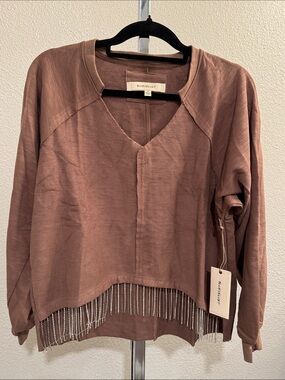 Blue velvet  Fringe V-Neck Long Sleeve Top